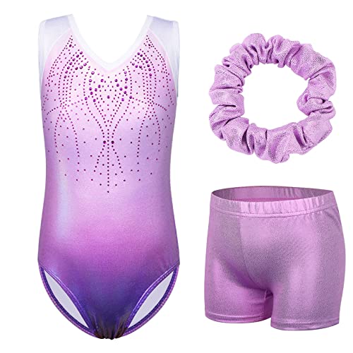 ZNYUNE Mädchen Turnanzug mit hose Haarband Set gymnastikanzug Kinder Shorts trikot turnen Ärmellos/Langarm Kleidung klassisch Turnbody B182 Purple 8A von ZNYUNE