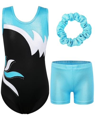 ZNYUNE Mädchen Turnanzug mit hose Haarband Set gymnastikanzug Kinder Shorts trikot turnen Ärmellos/Langarm Kleidung klassisch Turnbody B208 BlackAqua 14A von ZNYUNE