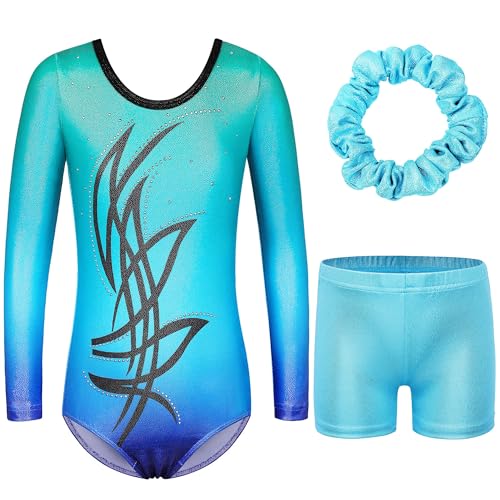 ZNYUNE Mädchen Turnanzug mit hose Haarband Set gymnastikanzug Kinder Shorts trikot turnen Ärmellos/Langarm Kleidung klassisch Turnbody B281 TealBlue 12A von ZNYUNE