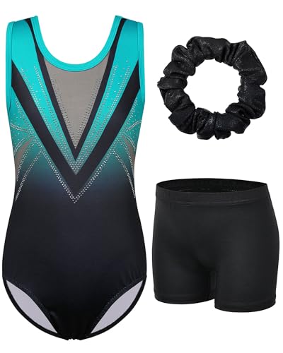 ZNYUNE Mädchen Turnanzug mit hose Haarband Set gymnastikanzug Kinder Shorts trikot turnen Ärmellos/Langarm Kleidung klassisch Turnbody B293 BlackGreen 16A von ZNYUNE