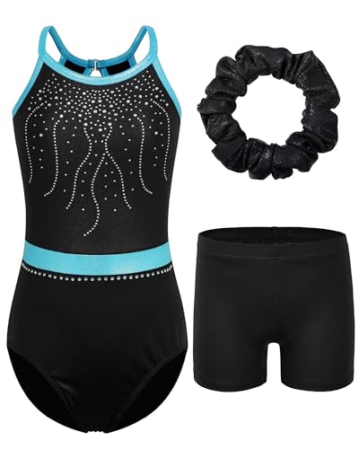 ZNYUNE Mädchen Turnanzug mit hose Haarband Set gymnastikanzug Kinder Shorts trikot turnen Ärmellos/Langarm Kleidung klassisch Turnbody B350 BlackAqua 10A von ZNYUNE