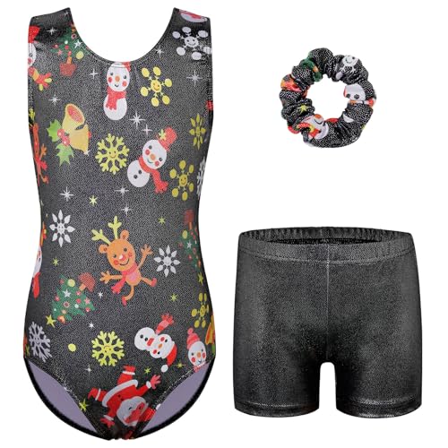 ZNYUNE Mädchen Turnanzug mit Hose Haarband Set Gymnastikanzug Kinder Shorts Trikot Turnen Ärmellos/Langarm Kleidung klassisch Turnbody B369 BlackSnowman 10A von ZNYUNE