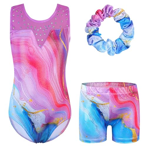 ZNYUNE Mädchen Turnanzug mit hose Haarband Set gymnastikanzug Kinder Shorts trikot turnen Ärmellos/Langarm Kleidung klassisch Turnbody B387 PurpleMarble 8A von ZNYUNE