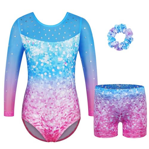 ZNYUNE Mädchen Turnanzug mit hose Haarband Set gymnastikanzug Kinder Shorts trikot turnen Ärmellos/Langarm Kleidung klassisch Turnbody B409 BluePink 5A von ZNYUNE