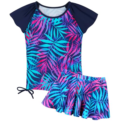 ZNYUNE Mädchen Zweiteiliger Badeanzug Kinder uv Schutz Kinder Schnelltrocknend UPF 50+ Badeanzug 3-12 Jahre S520 NavyLeaves 12A von ZNYUNE