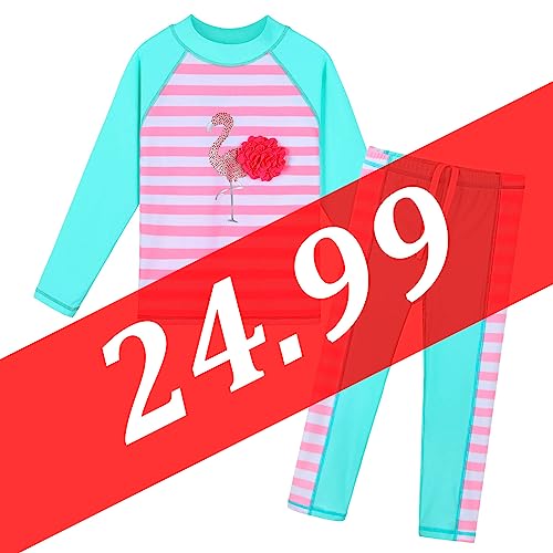 ZNYUNE Mädchen Zweiteiliger Badeanzug Stoffdruck Kinder Badebekleidung Lange Ärmel + Hosen Schwimmanzug 361 PinkStripes 10A von ZNYUNE