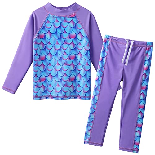 ZNYUNE Mädchen Zweiteiliger Badeanzug Stoffdruck Kinder Badebekleidung Lange Ärmel + Hosen Schwimmanzug S347 ScalePurple 12A von ZNYUNE