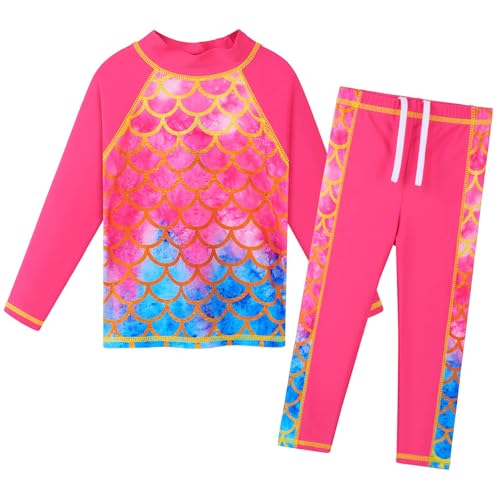 ZNYUNE Mädchen Zweiteiliger Badeanzug Stoffdruck Kinder Badebekleidung Lange Ärmel + Hosen Schwimmanzug S473 HotPinkScale 4A von ZNYUNE