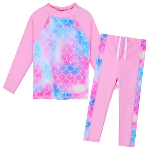 ZNYUNE Mädchen Zweiteiliger Badeanzug Stoffdruck Kinder Badebekleidung Lange Ärmel + Hosen Schwimmanzug S473 PinkScale 4A von ZNYUNE