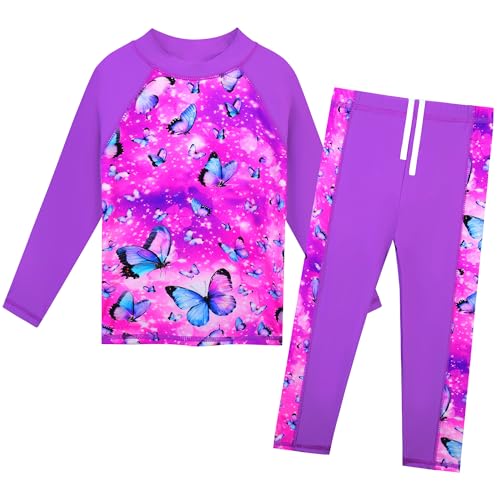 ZNYUNE Mädchen Zweiteiliger Badeanzug Stoffdruck Kinder Badebekleidung Lange Ärmel + Hosen Schwimmanzug S478 PurpleButterfly 6A von ZNYUNE