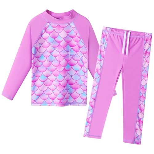 ZNYUNE Mädchen Zweiteiliger Badeanzug Stoffdruck Kinder Badebekleidung Lange Ärmel + Hosen Schwimmanzug S478 PurpleScale 12A von ZNYUNE