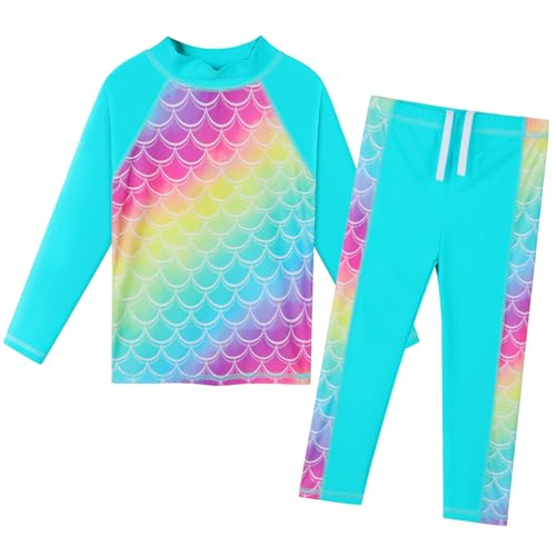 ZNYUNE Mädchen Zweiteiliger Badeanzug Stoffdruck Kinder Badebekleidung Lange Ärmel + Hosen Schwimmanzug S478 RainbowScale 2A von ZNYUNE
