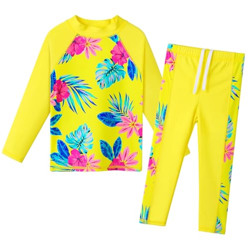 ZNYUNE Mädchen Zweiteiliger Badeanzug Stoffdruck Kinder Badebekleidung Lange Ärmel + Hosen Schwimmanzug S478 YellowFlower 4A von ZNYUNE