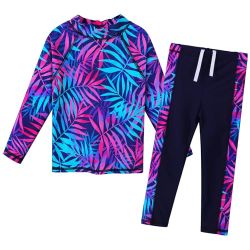 ZNYUNE Mädchen Zweiteiliger Badeanzug Stoffdruck Kinder Badebekleidung Lange Ärmel + Hosen Schwimmanzug S489 NavyLeaves 4A von ZNYUNE