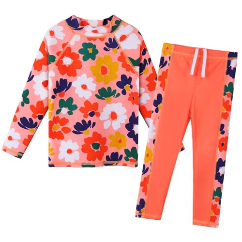 ZNYUNE Mädchen Zweiteiliger Badeanzug Stoffdruck Kinder Badebekleidung Lange Ärmel + Hosen Schwimmanzug S489 PeachFlower 6A von ZNYUNE