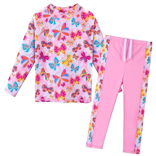 ZNYUNE Mädchen Zweiteiliger Badeanzug Stoffdruck Kinder Badebekleidung Lange Ärmel + Hosen Schwimmanzug S489 PinkButterfly 4A von ZNYUNE