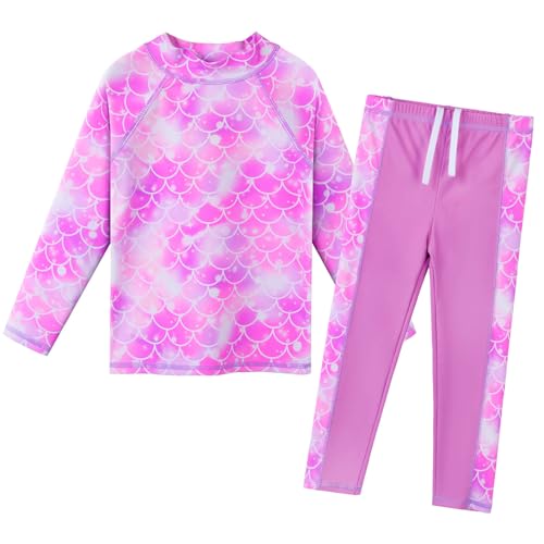 ZNYUNE Mädchen Zweiteiliger Badeanzug Stoffdruck Kinder Badebekleidung Lange Ärmel + Hosen Schwimmanzug S489 PinkPurpleScale 6A von ZNYUNE
