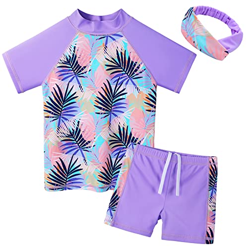 ZNYUNE Mädchen Zweiteiliger Badeanzug Stoffdruck Kinder Schwimmanzug Badehose Badebekleidung UV-Schutz 50+ Badeset Rash Guards Bademode HS399_PurpleLeaves 10A von ZNYUNE