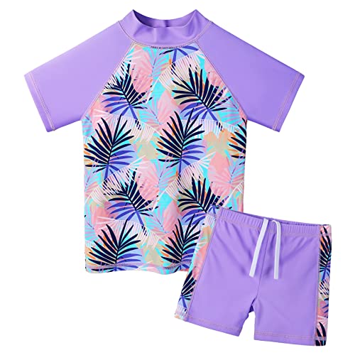 ZNYUNE Mädchen Zweiteiliger Badeanzug Stoffdruck Kinder Schwimmanzug Badehose Badebekleidung UV-Schutz 50+ Badeset Rash Guards Bademode S399 PurpleLeaves 10A von ZNYUNE