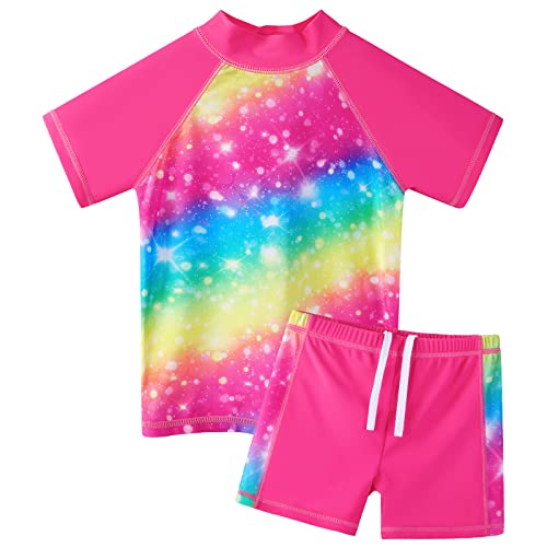 ZNYUNE Mädchen Zweiteiliger Badeanzug Stoffdruck Kinder Schwimmanzug Badehose Badebekleidung UV-Schutz 50+ Badeset Rash Guards Bademode S399 Rainbow 8A von ZNYUNE