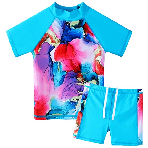 ZNYUNE Mädchen 2-Teilige Badebekleidung Kinder Zweiteiliger Schwimmanzug Stoffdruck Badeanzug Lange Ärmel + Rock-Shorts S404 MarbleBlue 12A von ZNYUNE