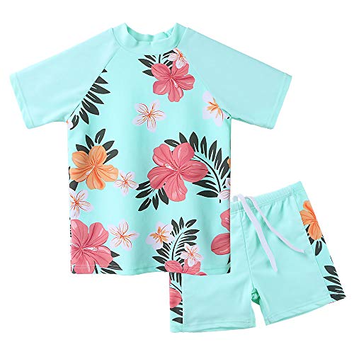 ZNYUNE Kinder Badeanzug Mädchen Zweiteiliger Badeanzug Stoffdruck Kurzen Ärmeln + Hosenrock Badebekleidung Schwimmanzug S241 CyanFlower 14A von ZNYUNE