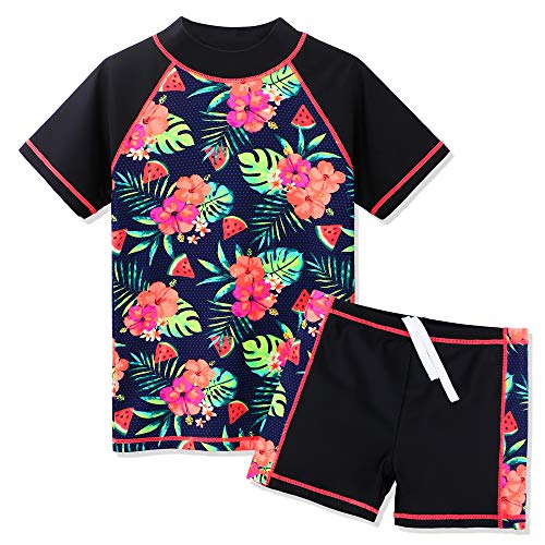 ZNYUNE Mädchen Zweiteiliger Badeanzug Stoffdruck Kinder Schwimmanzug Badehose Badebekleidung UV-Schutz 50+ Badeset Rash Guards Bademode S324 BlackFlower 4A von ZNYUNE