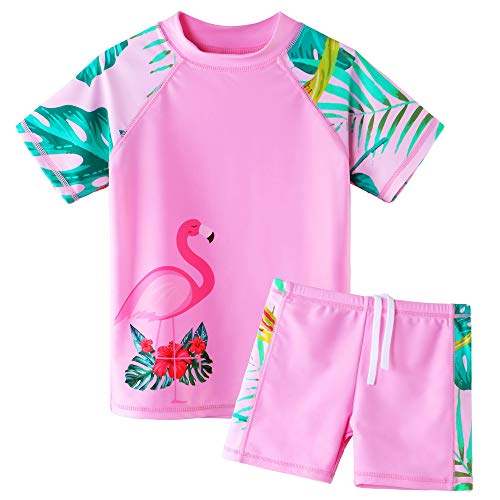 ZNYUNE Mädchen Zweiteiliger Badeanzug Stoffdruck Kinder Schwimmanzug Badehose Badebekleidung UV-Schutz 50+ Badeset Rash Guards Bademode S324 FlamingoPink 14A von ZNYUNE