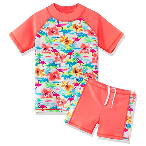 ZNYUNE Mädchen Zweiteiliger Badeanzug Stoffdruck Kinder Schwimmanzug Kurzen Ärmeln + Shorts Badebekleidung 324 OrangeFlower 14A von ZNYUNE