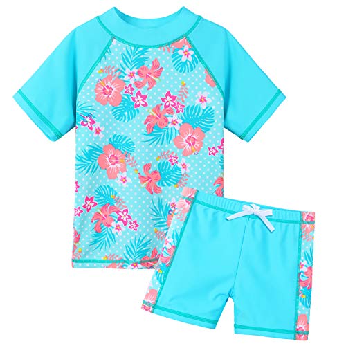 ZNYUNE Mädchen Zweiteiliger Badeanzug Stoffdruck Kinder Schwimmanzug Badehose Badebekleidung UV-Schutz 50+ Badeset Rash Guards Bademode S342 CyanFlower 10A von ZNYUNE