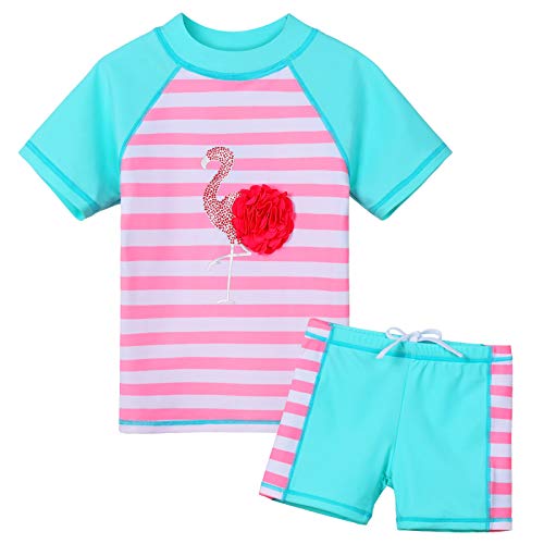 ZNYUNE Mädchen Zweiteiliger Badeanzug Stoffdruck Kinder Schwimmanzug Kurzen Ärmeln + Shorts Badebekleidung 342 PinkStripes 10A von ZNYUNE