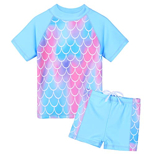 ZNYUNE Mädchen Zweiteiliger Badeanzug Stoffdruck Kinder Schwimmanzug Badehose Badebekleidung UV-Schutz 50+ Badeset Rash Guards Bademode S342 ScaleBlue 12A von ZNYUNE