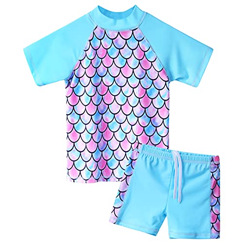 ZNYUNE Mädchen Zweiteiliger Badeanzug Stoffdruck Kinder Schwimmanzug Badehose Badebekleidung UV-Schutz 50+ Badeset Rash Guards Bademode S366 ScaleBlue 10A von ZNYUNE