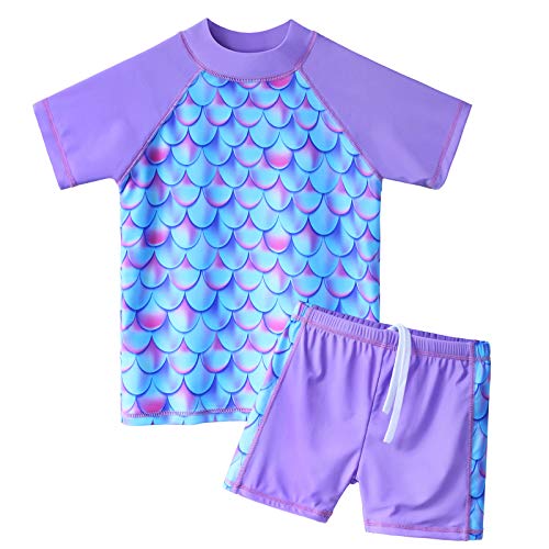 ZNYUNE Mädchen Zweiteiliger Badeanzug Stoffdruck Kinder Schwimmanzug Badehose Badebekleidung UV-Schutz 50+ Badeset Rash Guards Bademode S366 ScalePurple 10A von ZNYUNE