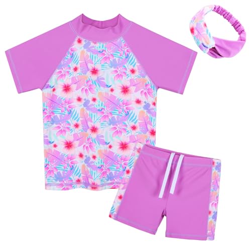 ZNYUNE Kinder Badeanzug Mädchen Zweiteiliger Badeanzug Stoffdruck Kurzen Ärmeln + Hosenrock Badebekleidung Schwimmanzug S420 PinkFlower 8A von ZNYUNE