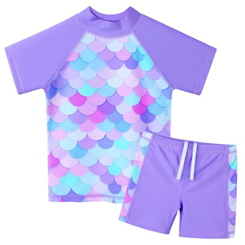 ZNYUNE Mädchen Zweiteiliger Badeanzug Stoffdruck Kinder Schwimmanzug Kurzen Ärmeln + Shorts Badebekleidung S451 PurpleScale 6A von ZNYUNE