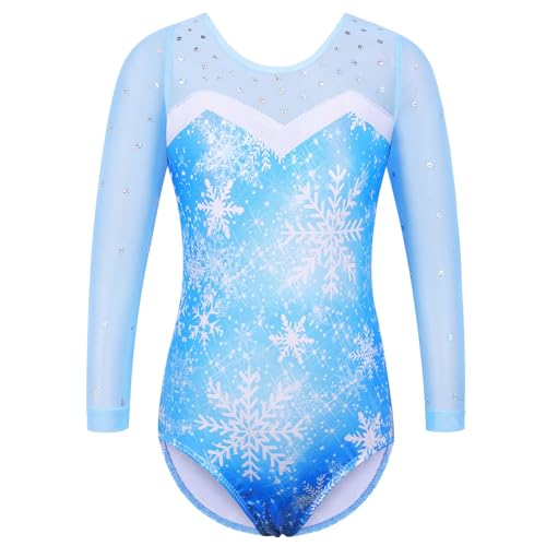 ZNYUNE Turnanzug mädchen 3/4 Langarm Tanzkostüme Bunt Stoffdruck Glitzersteine Gymnastikanzug B346 SnowflakeBlue 5A von ZNYUNE