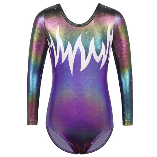 ZNYUNE Turnanzug mädchen 3/4 Langarm Tanzkostüme Bunt Stoffdruck Glitzersteine Gymnastikanzug B343 WhitePurple 12A von ZNYUNE