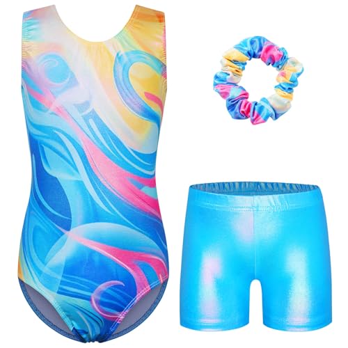 ZNYUNE Turnanzug mädchen Shorts Bunte Funkeln Gymnastik Trikots Farbverlauf Gymnastikanzug für Mädchen Strass B331 YellowBlue 8A von ZNYUNE