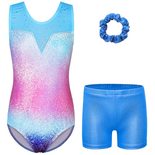 ZNYUNE Turnanzug mädchen Shorts Bunte Funkeln Gymnastik Trikots Farbverlauf Gymnastikanzug für Mädchen Strass B355 BluePurple 8A von ZNYUNE