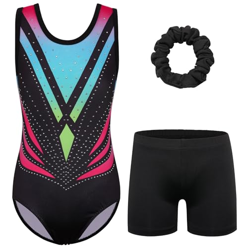 ZNYUNE Turnanzug mädchen Shorts Bunte Funkeln Gymnastik Trikots Farbverlauf Gymnastikanzug für Mädchen Strass B383 BlackRoseAqua 6A von ZNYUNE