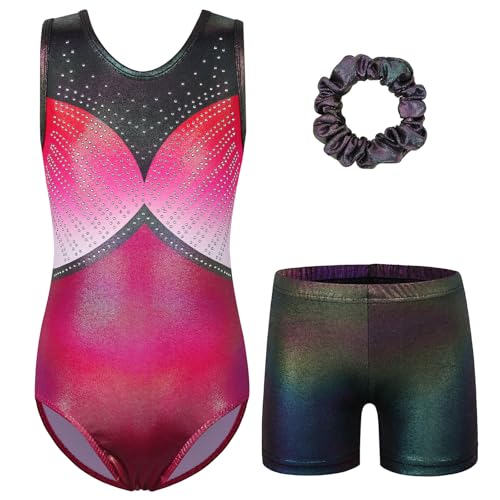 ZNYUNE Turnanzug mädchen Shorts Bunte Funkeln Gymnastik Trikots Farbverlauf Gymnastikanzug für Mädchen Strass B383 DarkRedBlack 8A von ZNYUNE