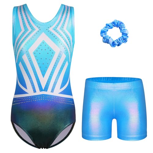 ZNYUNE Turnanzug mädchen Shorts Bunte Funkeln Gymnastik Trikots Farbverlauf Gymnastikanzug für Mädchen Strass B383 GradientBlue 6A von ZNYUNE