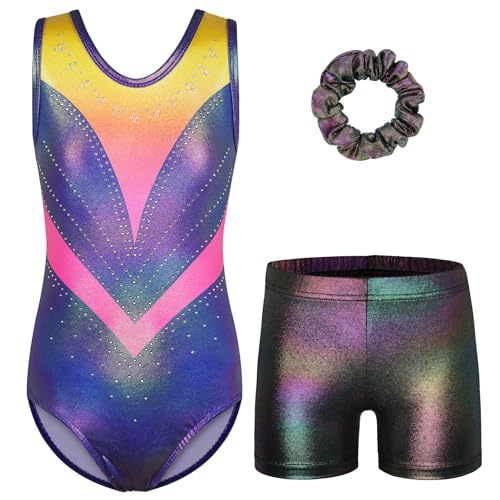 ZNYUNE Turnanzug mädchen Shorts Bunte Funkeln Gymnastik Trikots Farbverlauf Gymnastikanzug für Mädchen Strass B383 YellowNavy 10A von ZNYUNE