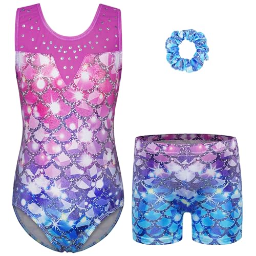 ZNYUNE Turnanzug mädchen Shorts Bunte Funkeln Gymnastik Trikots Farbverlauf Gymnastikanzug für Mädchen Strass B387 PurpleBlueScale 6A von ZNYUNE