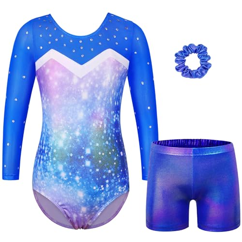 ZNYUNE Turnanzug mädchen Shorts Bunte Funkeln Gymnastik Trikots Farbverlauf Gymnastikanzug für Mädchen Strass B391 BlueSquare 12A von ZNYUNE