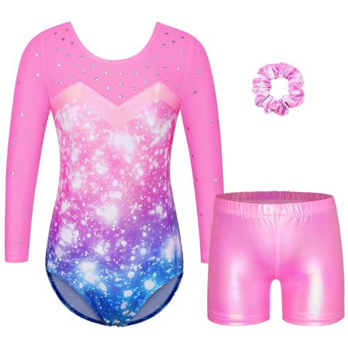 ZNYUNE Turnanzug mädchen Shorts Bunte Funkeln Gymnastik Trikots Farbverlauf Gymnastikanzug für Mädchen Strass B391 PinkBlue 10A von ZNYUNE