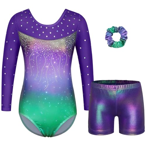 ZNYUNE Turnanzug mädchen Shorts Bunte Funkeln Gymnastik Trikots Farbverlauf Gymnastikanzug für Mädchen Strass B391 PurpleGreen 8A von ZNYUNE
