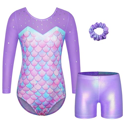 ZNYUNE Turnanzug mädchen Shorts Bunte Funkeln Gymnastik Trikots Farbverlauf Gymnastikanzug für Mädchen Strass B391 PurpleScale 5A von ZNYUNE