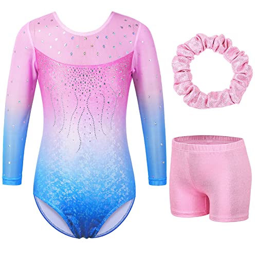 ZNYUNE Gymnastikanzug Hose mädchen Turnanzug Ärmellos/Langarm turnkleidung mädchen Gymnastik Tumbling Tanz Hose KHB272_PinkBlue 10A von ZNYUNE